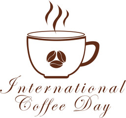 International Coffee Day Icon. Vector with steaming cup and coffee bean icon in brown on white background. Celebrate International Coffee Day with a warm, steaming cup of coffee.