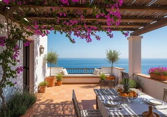 Fototapeta premium Mediterranean Terrace – white walls, blue accents, and ceramic tile flooring.
