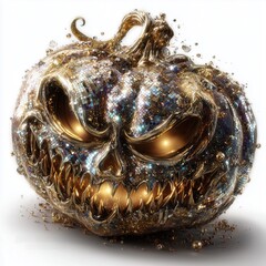 Mirror ball pumpkin with Disco ball Jack-o'-lantern with shimmering texture, creepy Jack-o'-lantern with jagged grin and glowing eyes, reflective Jack-o'-lantern isolated on white background