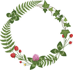 Elegant botanical wreath featuring ferns ivy and berries on transparent background