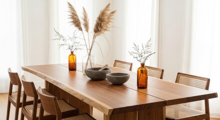 Elegant dining room featuring a solid wood table with natural edge and stylish decor showcases