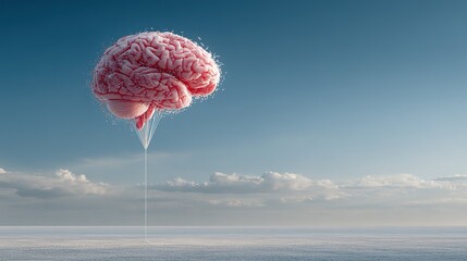 Brain shaped balloon floats above clouds on a sunny day.