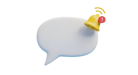White speech bubble with yellow notification bell and number one isolated on a transparent background