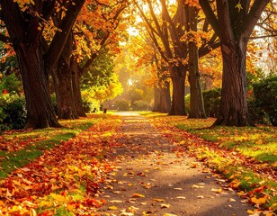 Autumnal Path: Sunlit Lane with Golden Leaves