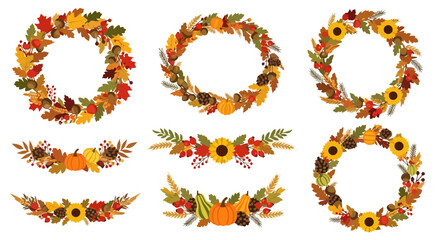 Collection of vibrant autumn-themed wreaths and borders featuring seasonal foliage and harvest elements for creating festive cards and decorative designs