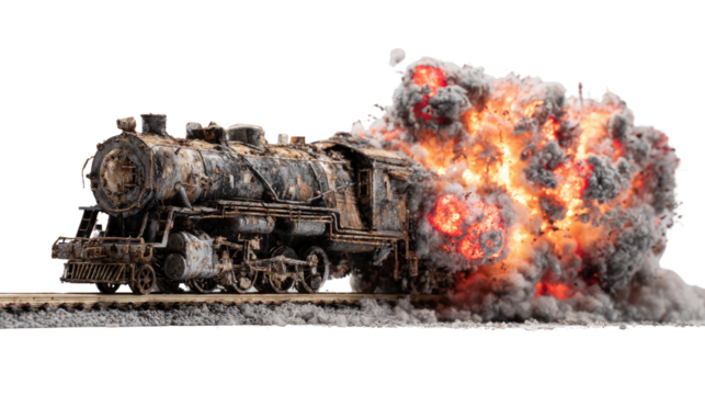 destroyed train on rails with fire explosion on white background