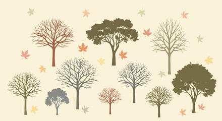 Obraz premium Diverse Tree Silhouettes Against a Cream Background with Scattered Leaves, Suitable for Nature-Themed Design Projects and Seasonal Illustrations