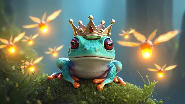 Frog with a tiny crown, slightly smiling expression, glowing fireflies in the background, whimsical and dreamy mood
