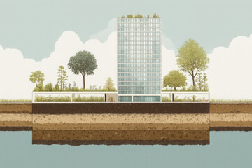 Modern tower sustainable architecture urban park rooftop garden green design cross section soil layers eco building city landscape minimal style