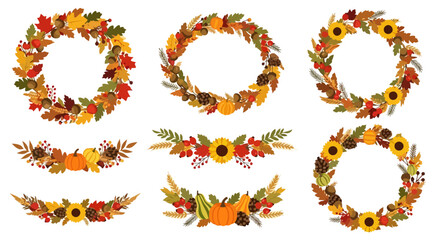 Autumnal Floral Wreaths and Swags Featuring Pumpkins, Sunflowers, and Colorful Fall Leaves. Ideal for seasonal cards, invitations, and harvest festival decorations.