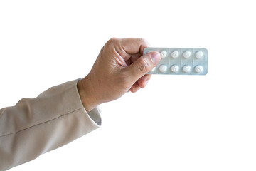 Man holding a strip of tablets. Isolated on transparent background.