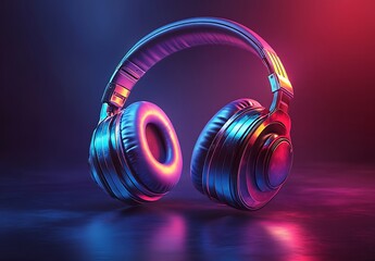 Futuristic pink metallic headphones glowing under vibrant blue and pink neon lights on a reflective surface
