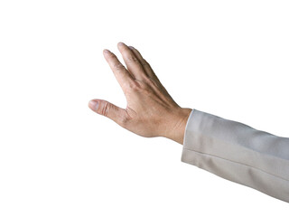 Man reaching out his hand as though touching something. Isolated on transparent background.