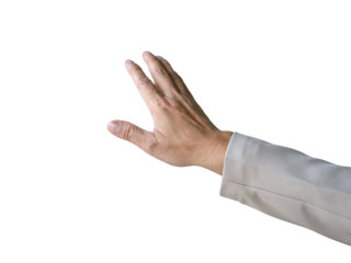Man reaching out his hand as though touching something. Isolated on transparent background.