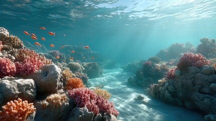 Vibrant Coral Reef Ecosystem Underwater with Turquoise Water and Sun Rays
