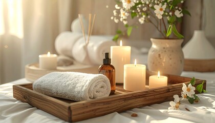 Luxury hotel spa and wellness interior still life with white towels and clean linen bedding