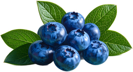 Fototapeta premium A detailed image of a cluster of fresh, ripe blueberries with their green leaves, showing their dusty blue bloom, isolated on a neutral background.