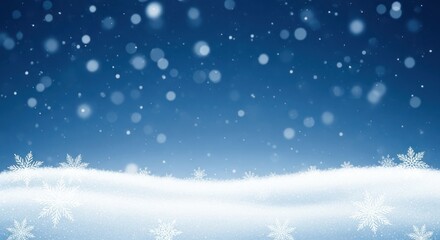 Fototapeta premium Magical winter background featuring snowflakes falling on a snowy landscape under a blue gradient