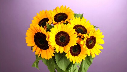 Obraz premium Vibrant yellow sunflowers, lush green leaves, arranged in a bouquet against a soft purple background
