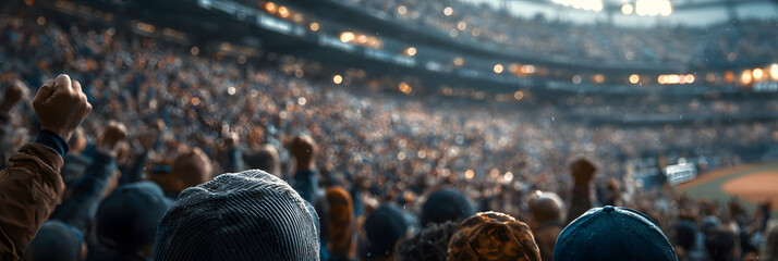 A large crowd cheers and enjoys classic ballpark snacks while watching a baseball game from the stands of a busy stadium