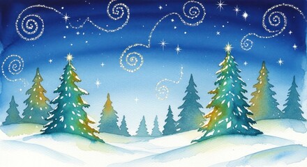 Fototapeta premium Watercolor winter landscape with snow-covered fir trees and starry sky art illustration