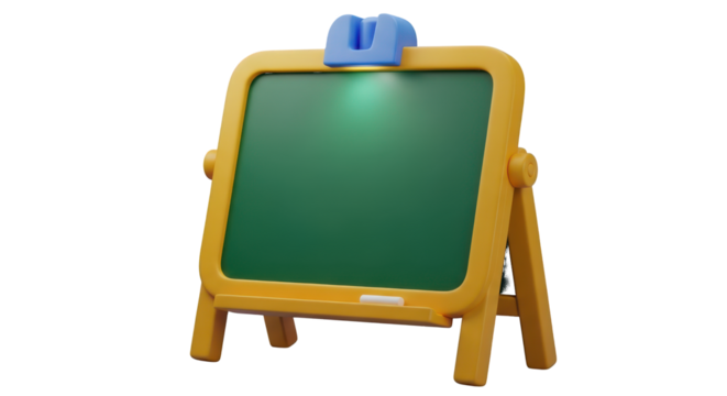 Yellow Easel Blackboard with Blue Light Clip and Chalk isolated on a transparent background