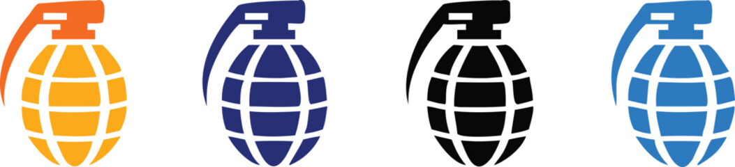 Dynamic grenade icons in vibrant orange, blue, black, and electric blue, symbolizing danger, conflict, and impact for modern design needs. 
