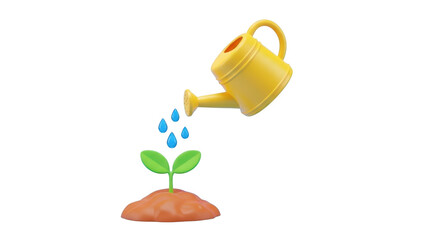 Yellow watering can pouring water on a small green plant isolated on a transparent background