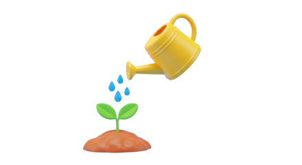 Yellow watering can pouring water on a small green plant isolated on a transparent background