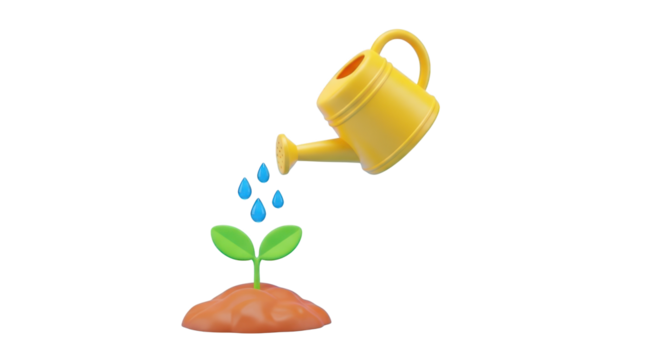 Yellow watering can pouring water on a small green plant isolated on a transparent background