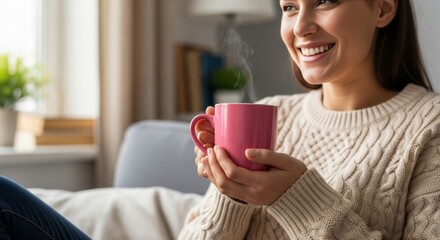 Smiling woman holding red mug indoors