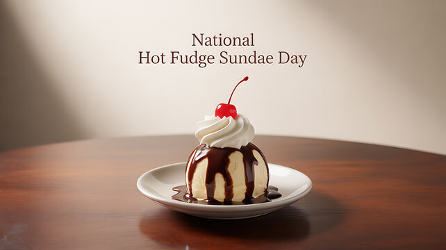 A hot fudge sundae topped with whipped cream and a cherry, served on a plate, celebrating National Hot Fudge Sundae Day.