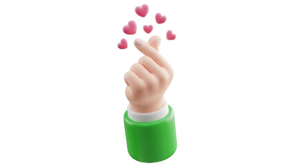 3D cartoon hand forming finger heart with pink hearts isolated on a transparent background