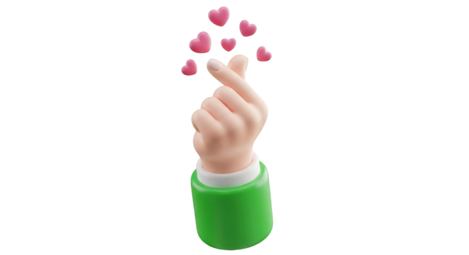 3D cartoon hand forming finger heart with pink hearts isolated on a transparent background - Powered by Adobe