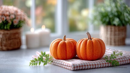 Two Orange Pumpkins on Checkered Towel with Candle and Floral Decoration near Window in Blurred Background for Autumnal Home Decor