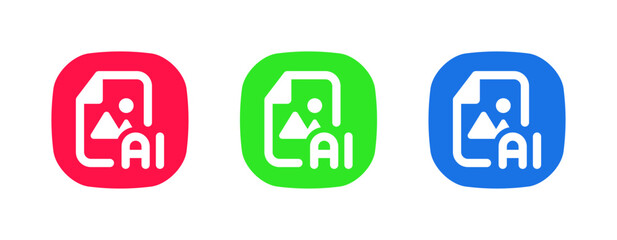 AI-powered document image icon set in red, green, and blue, representing scanning, recognition, and digital file processing