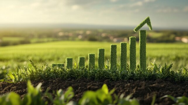 Green growth chart representing sustainability in agriculture against a scenic countryside backdrop at sunset