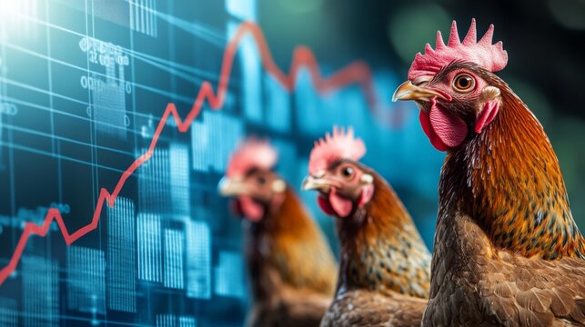 Chickens in front of a digital growth chart illustrating agricultural trends and market analysis during a sunny day - Powered by Adobe