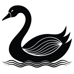 Vector art of elegant black swan gracefully gliding on water, its long neck curved in a graceful arc, feathers meticulously detailed, , creating a striking silhouette