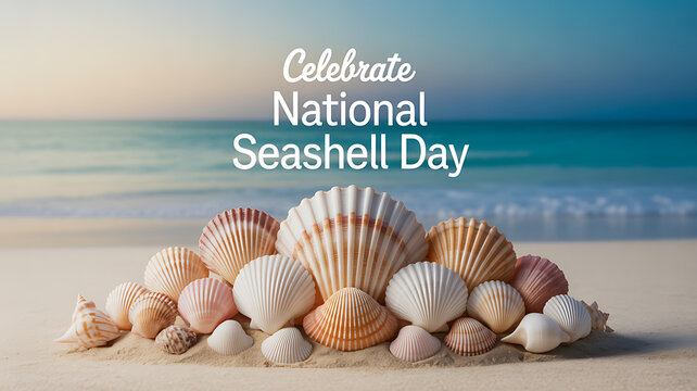 Celebrate National Seashell Day with a collection of colorful seashells on a sandy beach near the ocean.