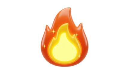 3D fire emoji with bright yellow flame and sparkles isolated on a transparent background heat