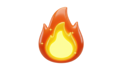 3D fire emoji with bright yellow flame and sparkles isolated on a transparent background heat