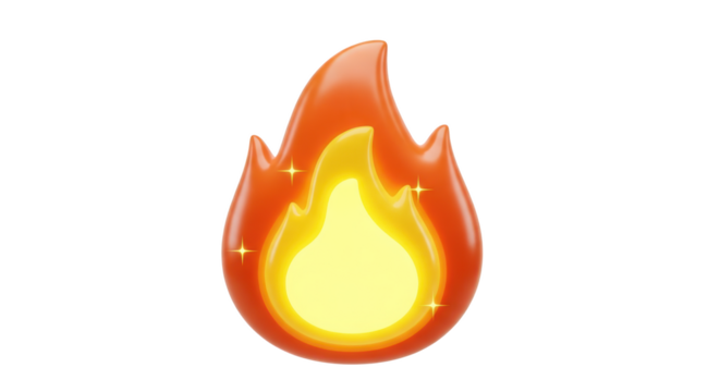 3D fire emoji with bright yellow flame and sparkles isolated on a transparent background heat