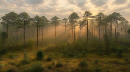Misty sunrise in a pine forest. Sunrise through mist illuminates tall pines
