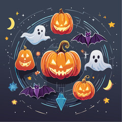 Neon Cyberpunk Halloween Icons Vector Set