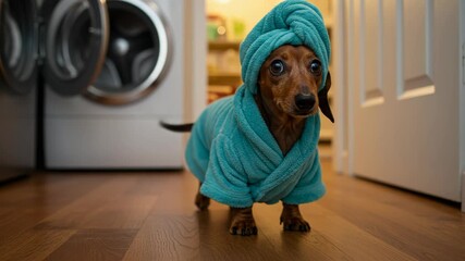 Dachshund dog wearing a blue bathrobe and towel after bath