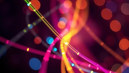 Vibrant glowing fiber optic cables, bokeh background, high-speed data transmission,  internet,  glowing