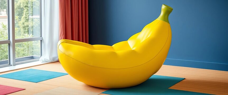 Vibrant yellow banana-shaped chair, playful design, comfortable seating,  happy chair,  conversation starter