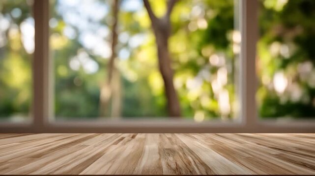 Warm wooden display table with sunlit blurred garden view through a wide window for natural