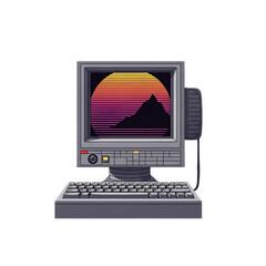 Fototapeta premium 3d illustration of vintage computer with mountain landscape on the screen isolated on transparent background